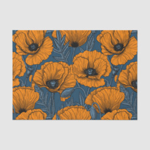 Orange poppies on dark blue tissue paper