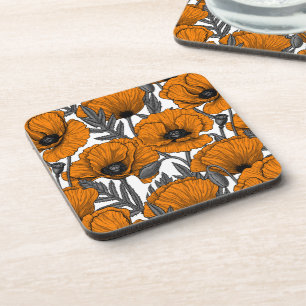 Orange poppies on white coaster
