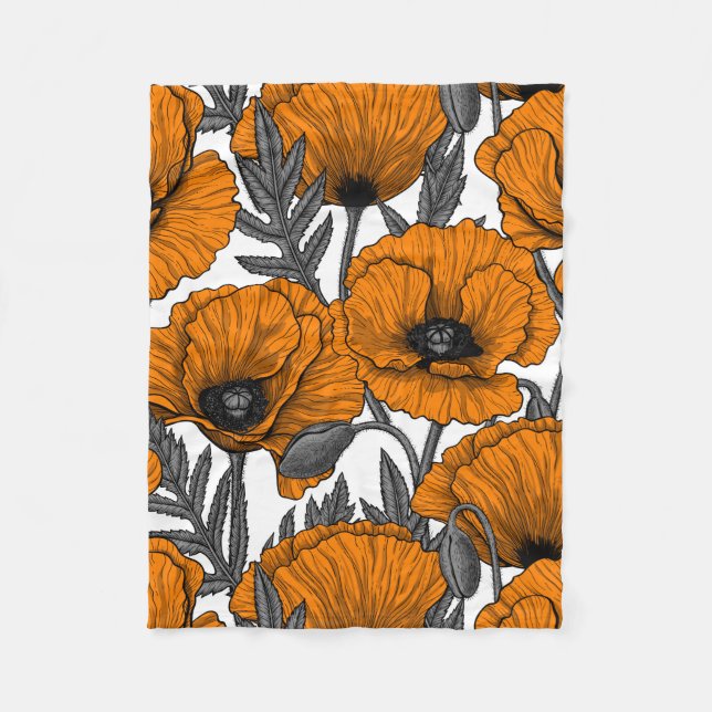 Orange poppies on white fleece blanket (Front)