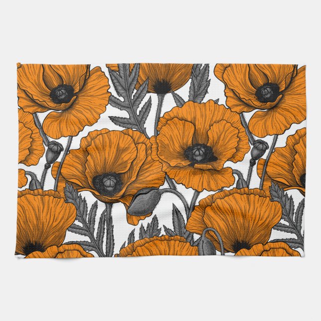 Orange poppies on white kitchen towel (Horizontal)
