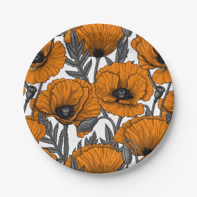 Orange poppies on white paper plate (Front)