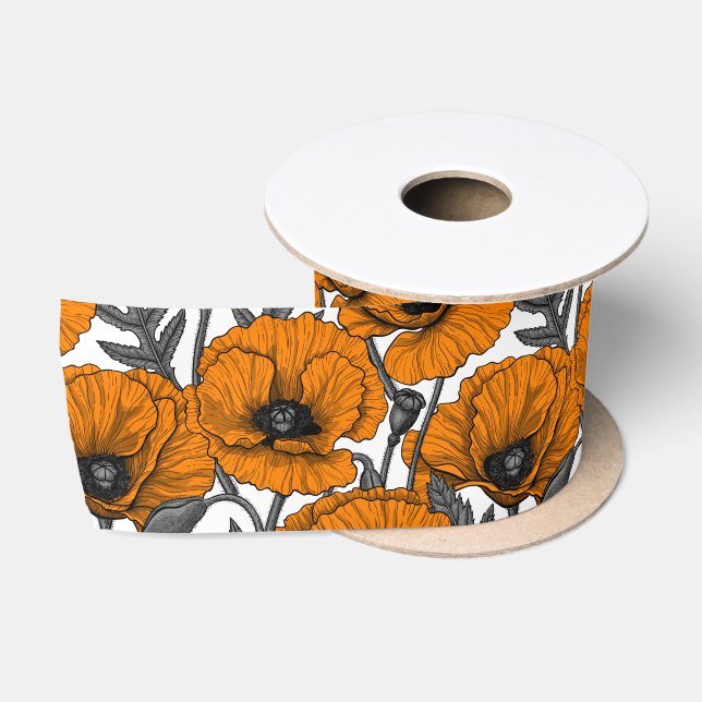 Orange poppies on white satin ribbon (Spool)