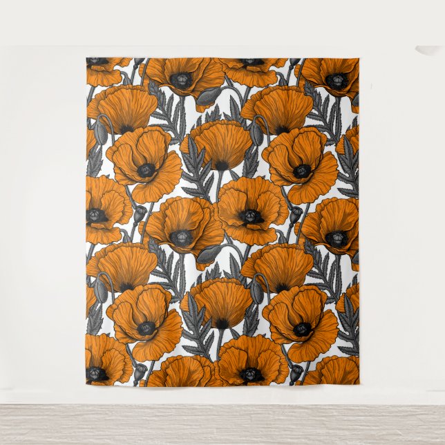 Orange poppies on white tapestry (Front)