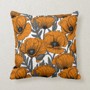 Orange poppies on white throw pillow
