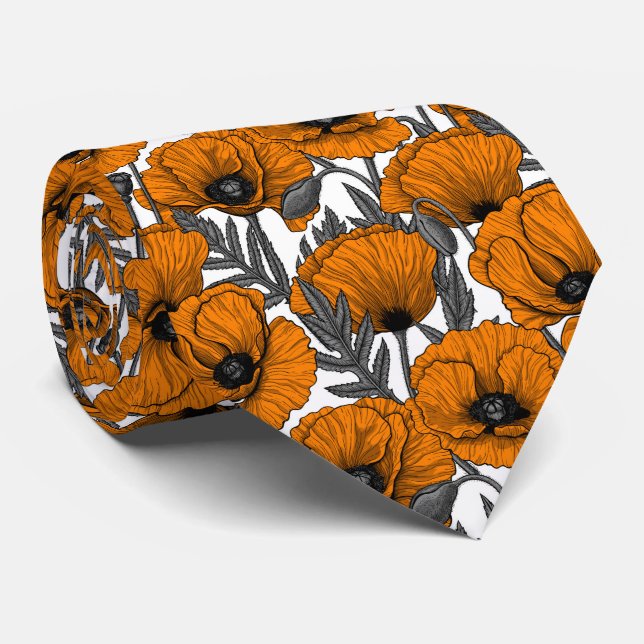 Orange poppies on white tie (Rolled)