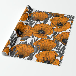 Orange poppies on white wrapping paper