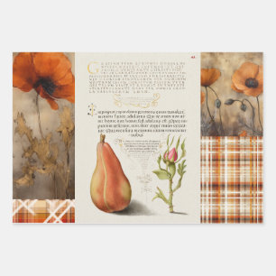 Orange Poppies, Plaid, and Pear Collage Giftwrap Wrapping Paper Sheet