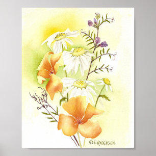 orange poppies, white daisies and purple sweetpeas poster