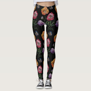 Orange Poppy Black Floral Aquarelle Leggings