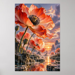 Orange Poppy Blossoms at Sunset Reflective Valley Poster