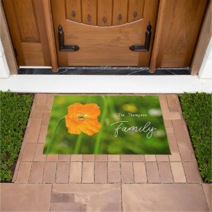 Orange Poppy Flower On Green Custom Family Name Doormat