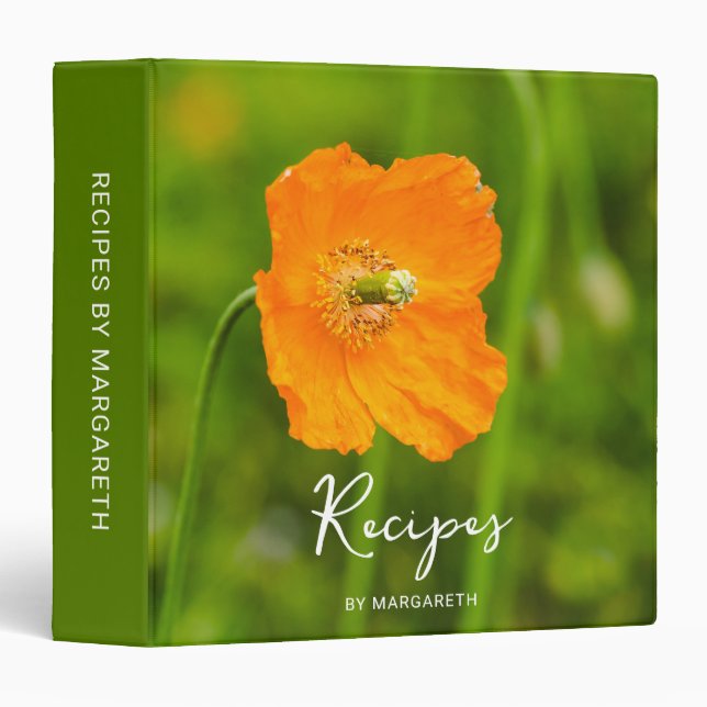 Orange Poppy Flower On Green Custom Name Recipes Binder (Front/Spine)