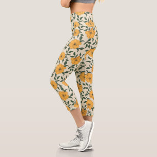 Orange Poppy Flower Pattern Capri Leggings