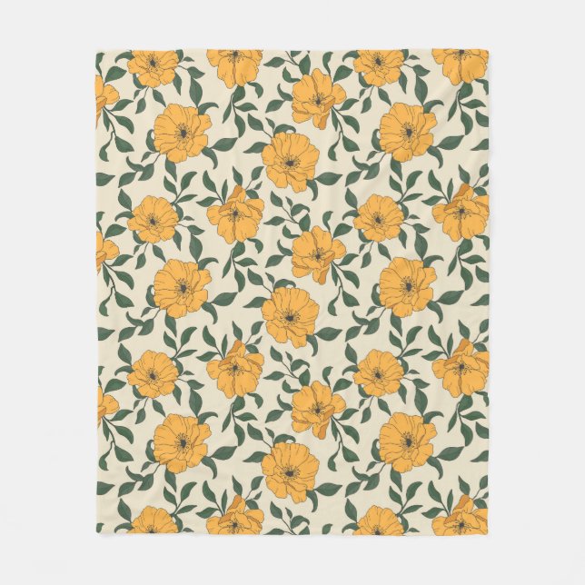 Orange Poppy Flower Pattern Fleece Blanket (Front)