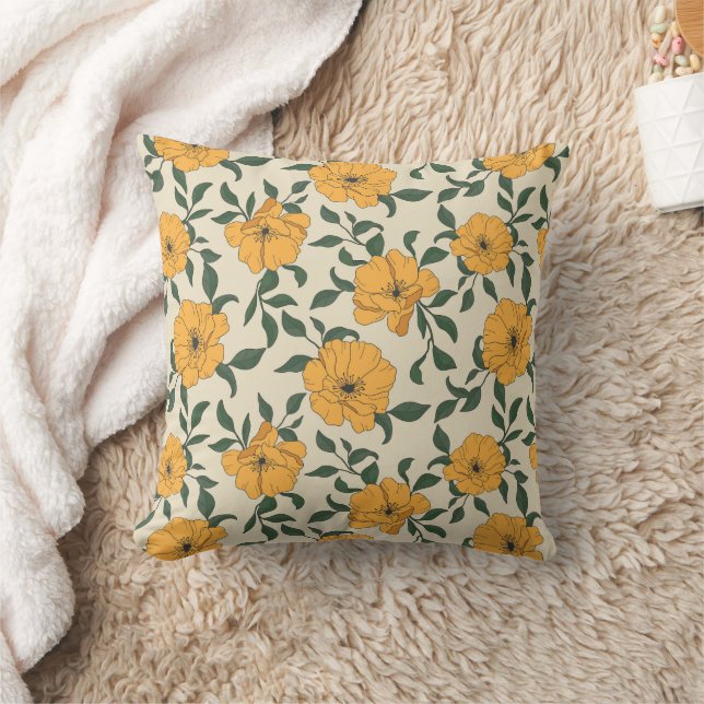 Orange Poppy Flower Pattern Throw Pillow (Blanket)
