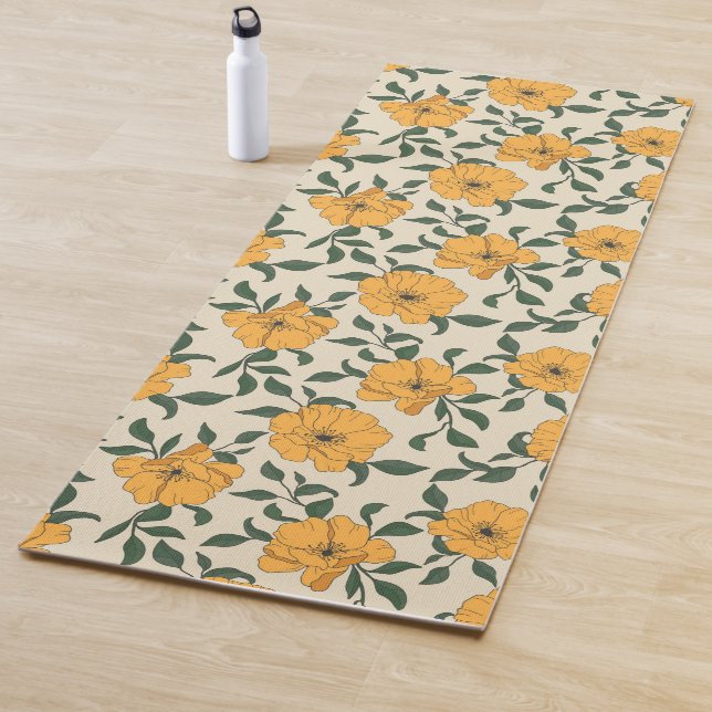 Orange Poppy Flower Pattern Yoga Mat (In Situ)