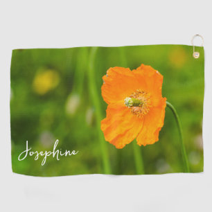 Orange Poppy Flower Photo On Green With Name Golf Towel
