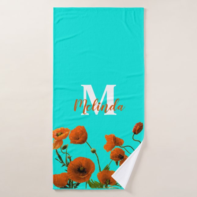 Orange Poppy Flowers Floral Monogram Initial Name Bath Towel (Bath Towel)