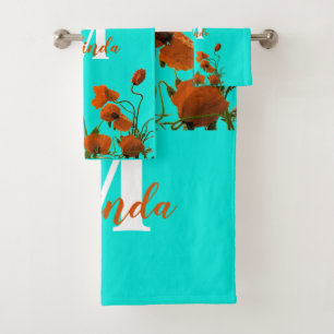 Orange Poppy Flowers Floral Monograms Custom Colou Bath Towel Set