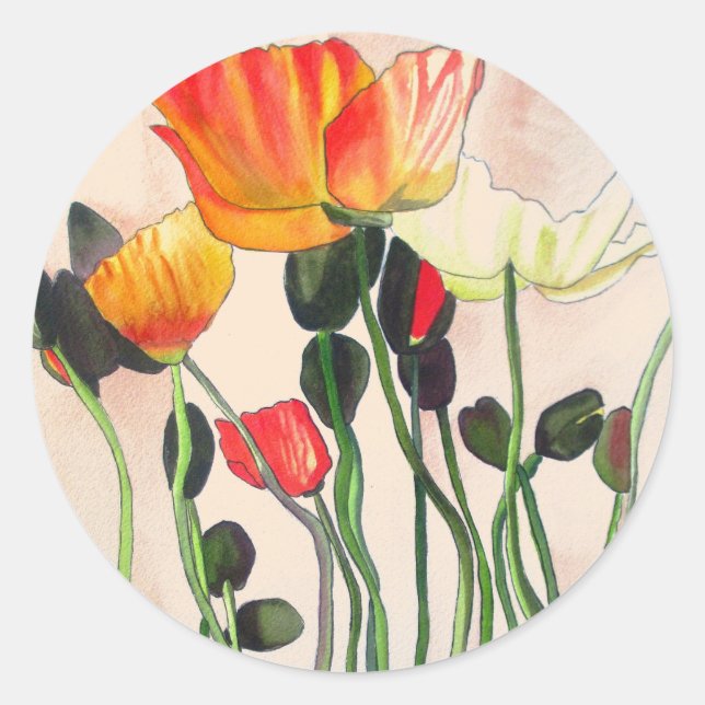 Orange Poppy flowers peach boho wedding Classic Round Sticker (Front)