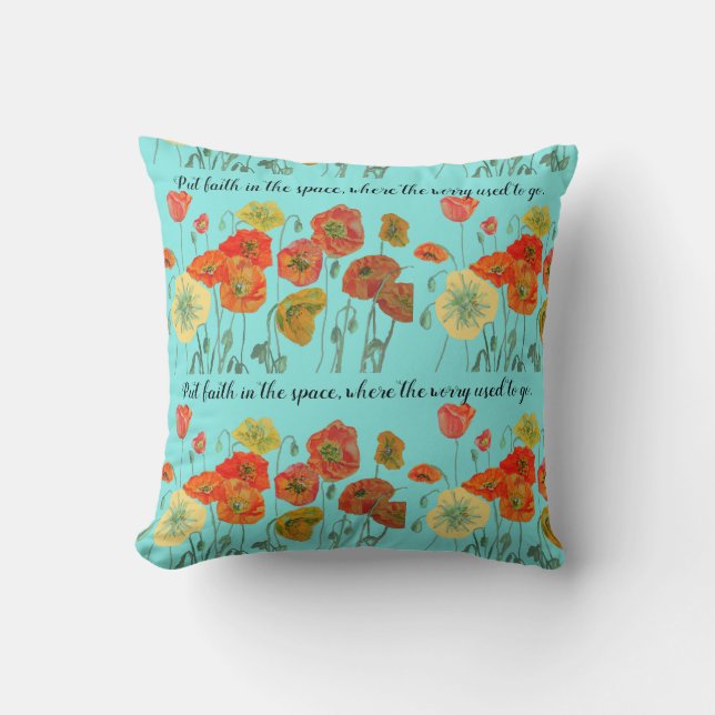 Orange Poppy Flowers 'Put Faith in the Space' Aqua Throw Pillow (Front)