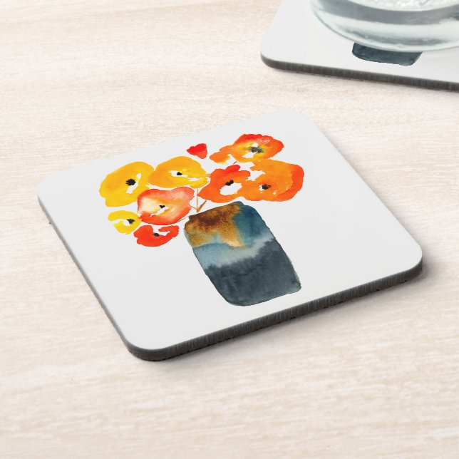 Orange poppy flowers watercolor coaster (Left Side)