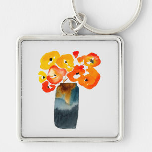 Orange poppy flowers watercolor keychain