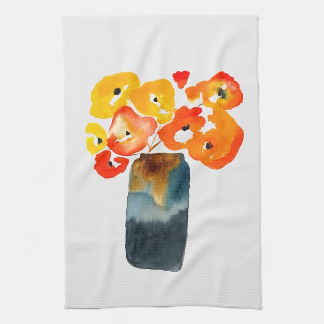 Orange poppy flowers watercolor kitchen towel (Vertical)