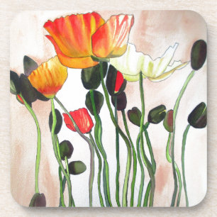 Orange Poppy flowers watercolour painting Coaster