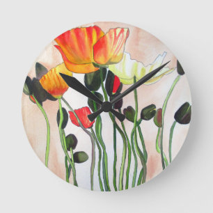 Orange Poppy flowers watercolour painting Round Clock