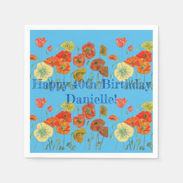 Orange Poppy Happy Birthday Serviette Napkins Blue (Front)