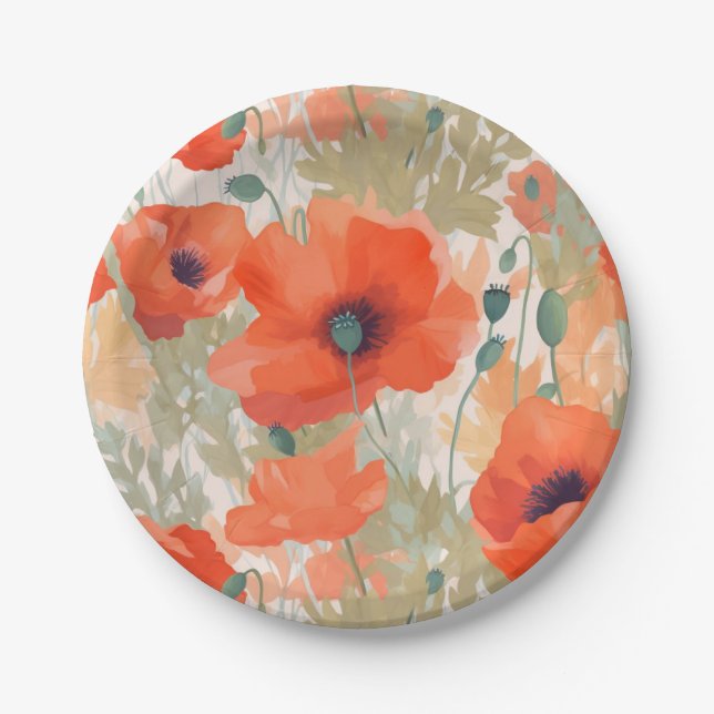 Orange Poppy Meadow Paper Plate (Front)
