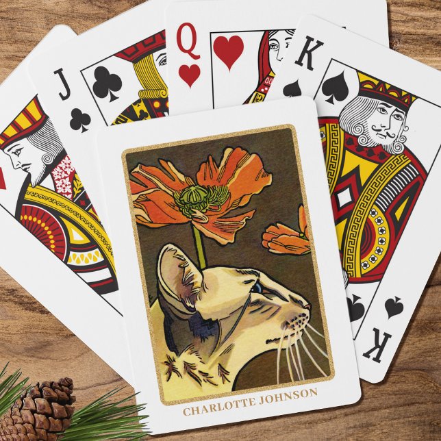 Orange poppy Oriental Cat Custom Name Playing Cards (Creator Uploaded)