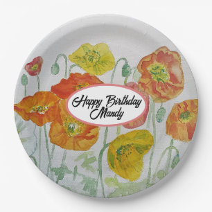 Orange Poppy Rose Flower Pattern Paper Party Plate
