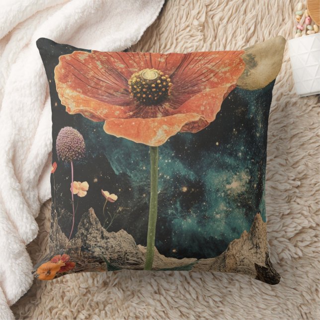 Orange Poppy Under Moonlight Throw Pillow (Blanket)