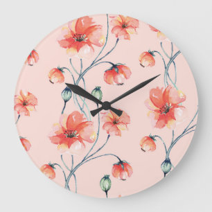 Orange Popy Watercolor: Vintage Floral Design Large Clock