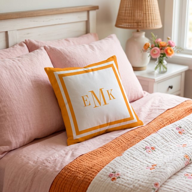 Orange Preppy Ribbon Dots Custom Monogram Throw Pillow (Creator Uploaded)