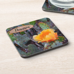 Orange Prickly Pear Opuntia Cactus Flower Photo Coaster