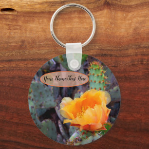 Orange Prickly Pear Opuntia Cactus Flower Photo Keychain