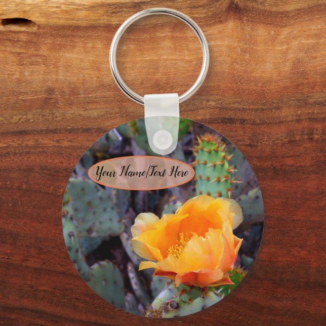 Orange Prickly Pear Opuntia Cactus Flower Photo Keychain (Front)