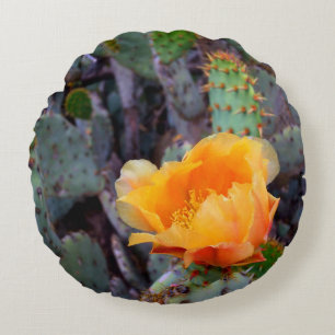 Orange prickly pear opuntia cactus flower photo round pillow