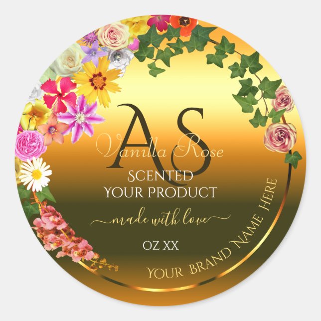 Orange Product Label Colourful Flowers and Initial (Front)