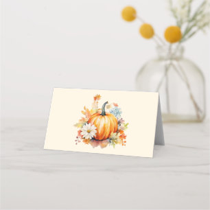 Orange Pumpkin and Flowers Autumn Place Card