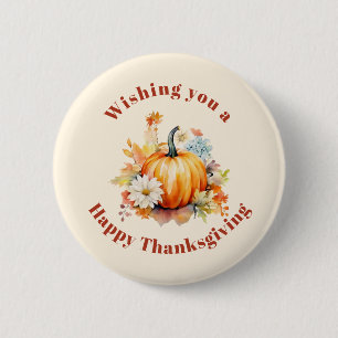 Orange Pumpkin and Flowers Autumn Thanksgiving 2 Inch Round Button