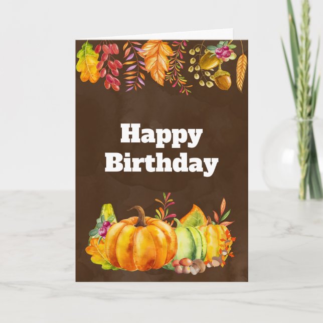 Orange Pumpkin and Seasonal Fall leaves Birthday Card (Front)
