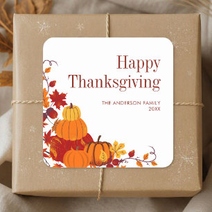 Orange Pumpkin Autumn Leaf Fall Happy Thanksgiving Square Sticker