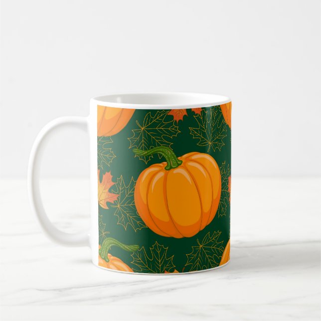 Orange Pumpkin Autumn Leaves Pattern Coffee Mug (Left)