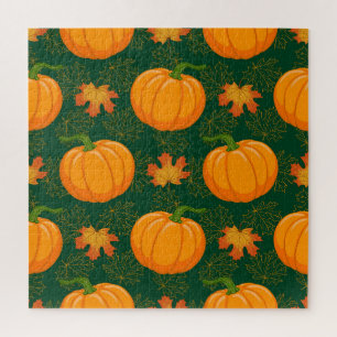 Orange Pumpkin Autumn Leaves Pattern Jigsaw Puzzle