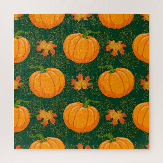 Orange Pumpkin Autumn Leaves Pattern Jigsaw Puzzle (Vertical)