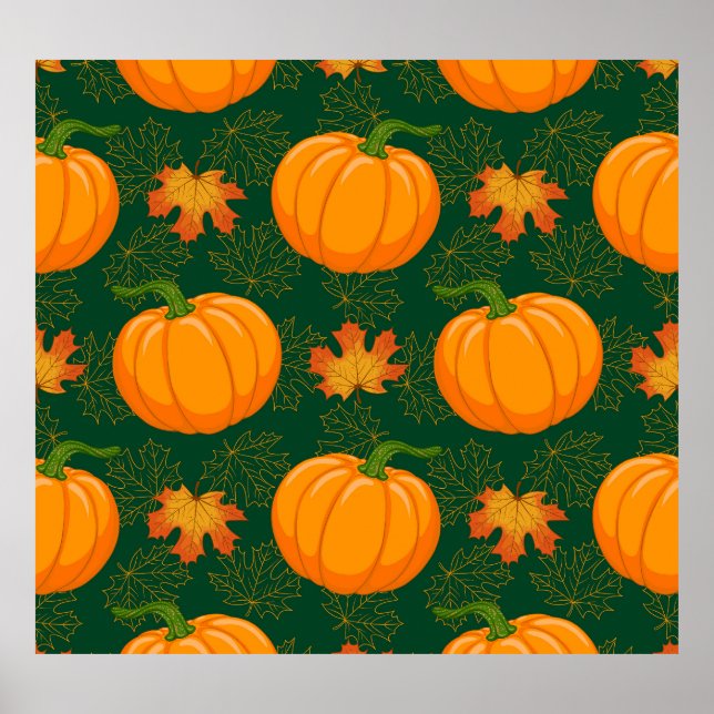 Orange Pumpkin Autumn Leaves Pattern Poster (Front)